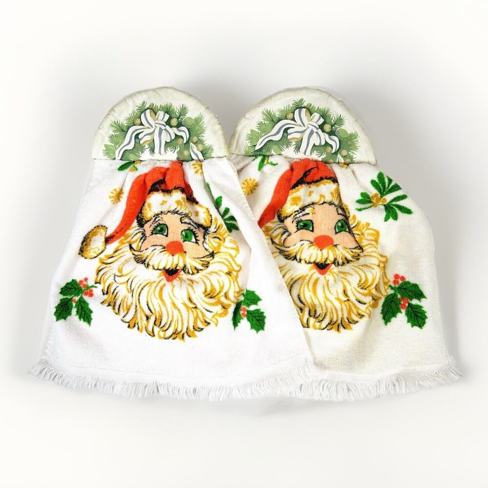 Vtg Handmade Christmas Santa Holiday Kitchen Hanging Towels Button Hotpad Tops